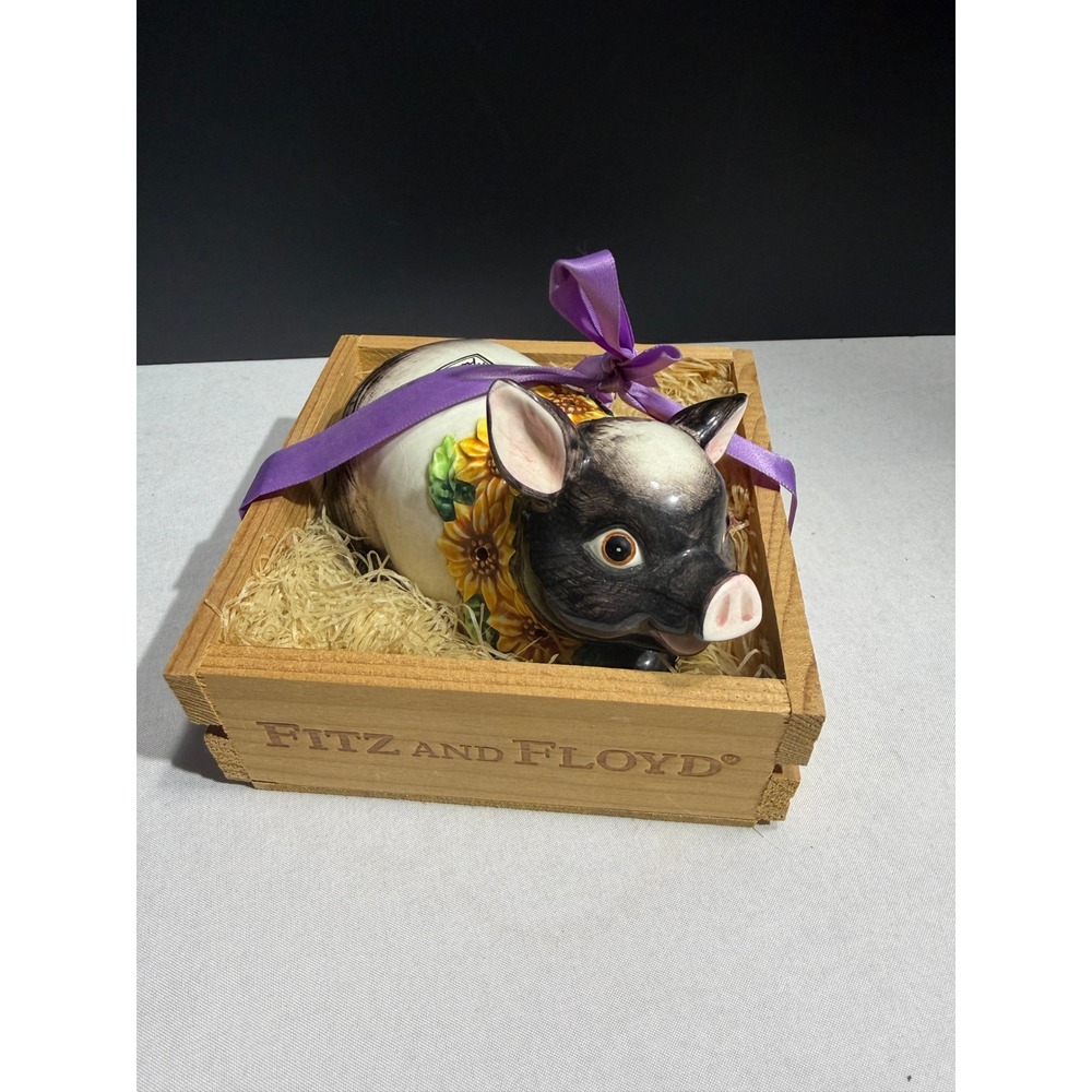 Fitz and Floyd Ceramic Pig Figurine Sunflower Collar Hand Painted Wooden Crate
